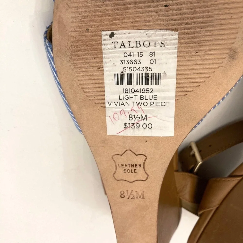 Talbots Vivian Blue Striped Sandal Tan Leather Ankle Strap Womens 8.5 Wedge Heel